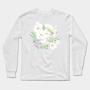 white lily flowers watercolor painting Long Sleeve T-Shirt